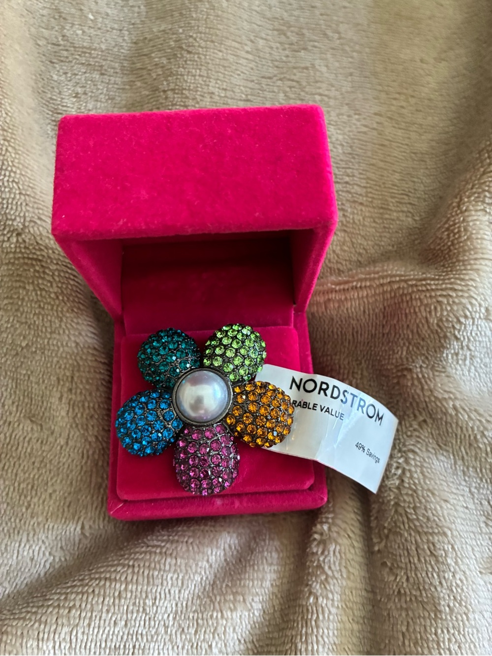 Kurt Geiger Multicolor Crystal Flower Ring with Faux Pearl Center